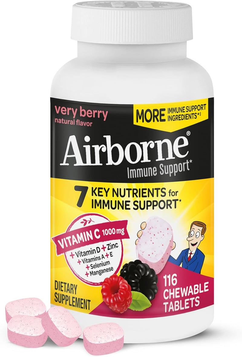 Airborne Vitamin C 1000mg (per Serving) - Citrus Chewable Tablets (116 Count in a Bottle), Gluten-Free Immune Support Supplement, with Vitamins A C E, Zinc, Selenium, Echinacea, Ginger, Antioxidants