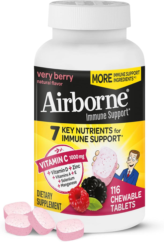 Airborne Vitamin C 1000mg (per Serving) - Citrus Chewable Tablets (116 Count in a Bottle), Gluten-Free Immune Support Supplement, with Vitamins A C E, Zinc, Selenium, Echinacea, Ginger, Antioxidants