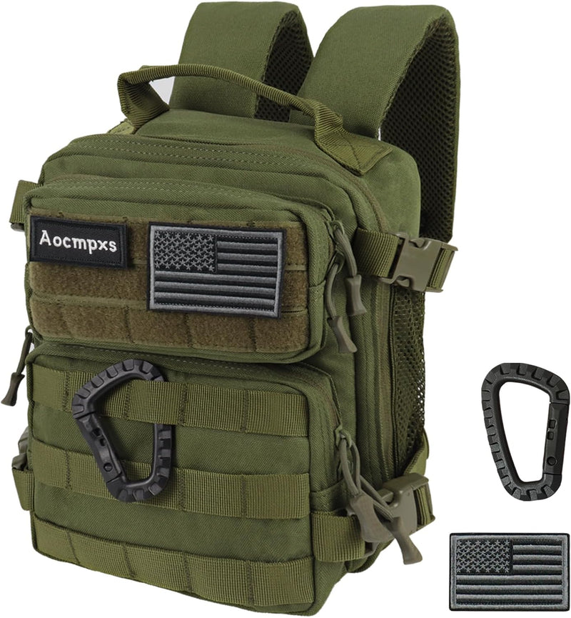 Mini Tactical Backpack, 9L Small Gym Backpacks Sport Bag for Men Women Molle Military Pack with US Flag Patch and Carabiner (Tan)