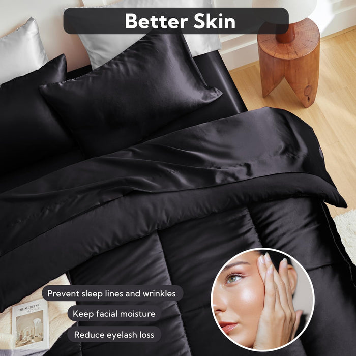 MR&HM King Size Comforter Set Black, Reversible Satin Microfiber Comforter Set for All Seasons, 3 Pieces Non-Slip Silky Soft Bedding Sets with 1 Comforter (104"x90") and 2 Pillowcases (20"x36")