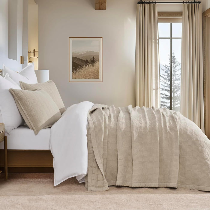 EVERGRACEHOME Stonewashed Cotton Quilt Set King Size, Ultra Soft Oversized Bedspread Coverlet Set, Lightweight Crinkle Box Stitch Bedding Sets for All Season, with 2 Shams, Mocha Brown