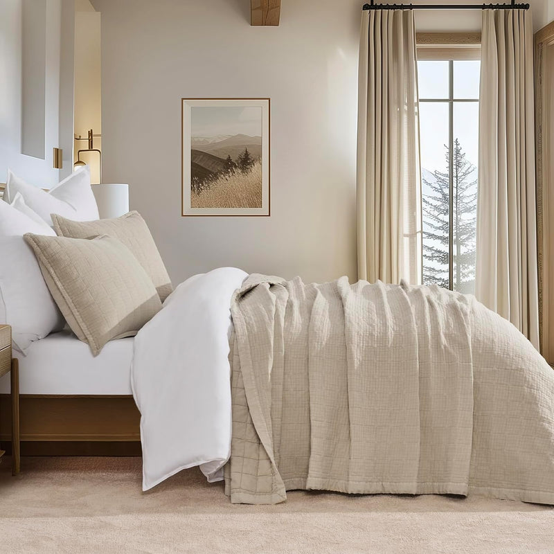 EVERGRACEHOME Stonewashed Cotton Quilt Set King Size, Ultra Soft Oversized Bedspread Coverlet Set, Lightweight Crinkle Box Stitch Bedding Sets for All Season, with 2 Shams, Mocha Brown