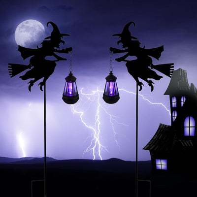 Fairy Garden Accessories Lawn Ornaments 1 Pair - Solar Lights Halloween Decorations Outdoor Garden Statue, Metal Stakes Decorative Figurines for Yard Decor, Patio (Witch)