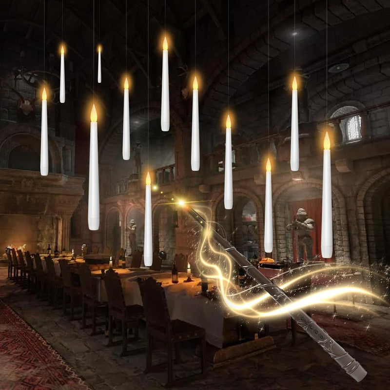 Flameless Floating Candles with Wand，20 Pcs Magic LED Hanging Taper Candles，Flickering Battery Operated Taper Candle with Wand Remote for Halloween Decorations Best Gift（White）