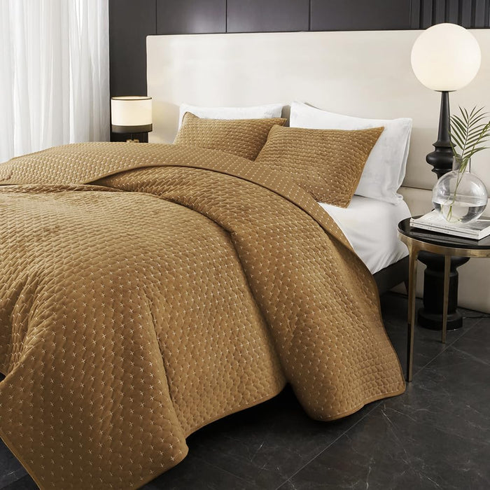 Powdion Velvet Quilt Queen, Oversized Bedspread Quilted Bedding Set, Luxurious Soft Coverlet Set Lightweight Velvet Comforter with 2 Pillow Shams, Gold Caramel, 90x96 Cross Stitch Striped Quilt Queen