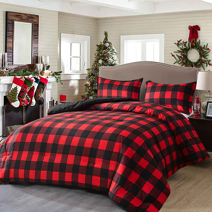 Faincy Full Comforter Set, Red and Black Grid Buffalo Check Plaid Pattern, Reversible Microfiber Duvet Set, Soft Christmas New Year Gift Modern Bedding in a Bag for Women Men Teen, Size 80 x 90 3PCs