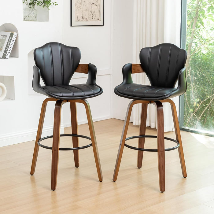 30" Swivel Bar Stools Set of 2,Mid Century Modern Bar Height Bar Stools,Black Upholstered Faux Leather Kitchen Stools with Arms and Fishtail-Shaped Back,Walnut Wood Frame Home Bar Chairs