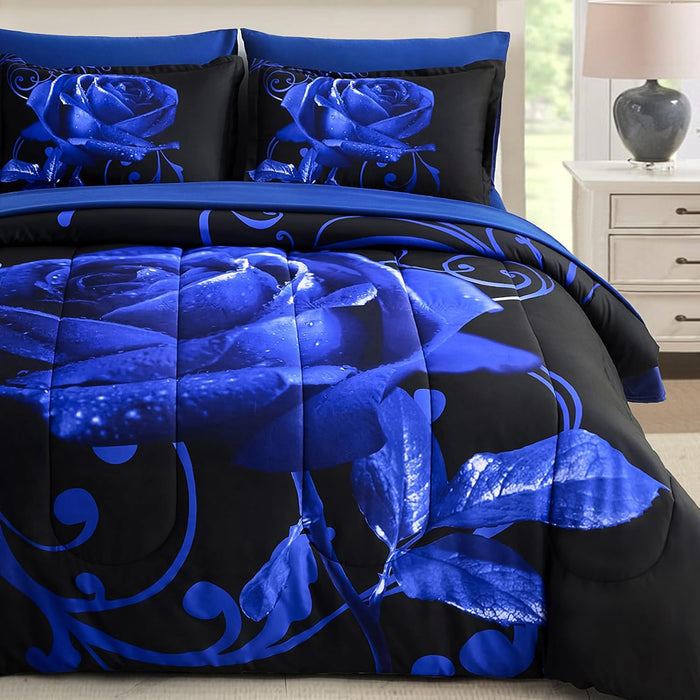 WONGS BEDDING Purple Comforter Set Queen, Reversible Purple Rose 7 Pieces Bed in a Bag, Lightweight Soft Microfiber Bedding Sets with Flat Sheet, Fitted Sheet, Pillowcases & Shams