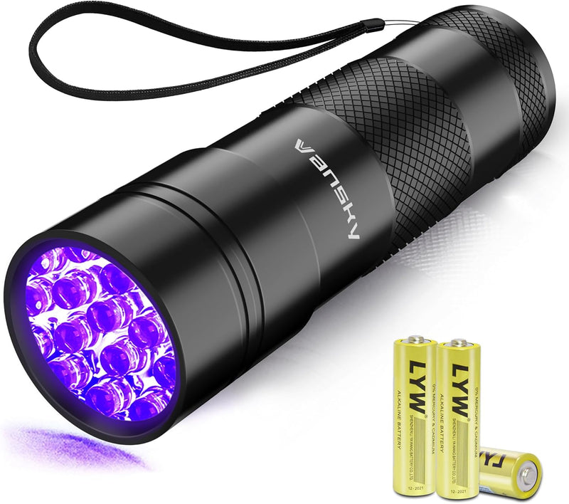 Black Light UV Light Flashlight: Vansky 395nm 12 LED 2 Pack Ultraviolet Blacklight Flashlight Mini Powerful Pet Urine Detector for Dog/Cat, Carpet Dry Stains Detection, Spot Scorpions, Resin Curing