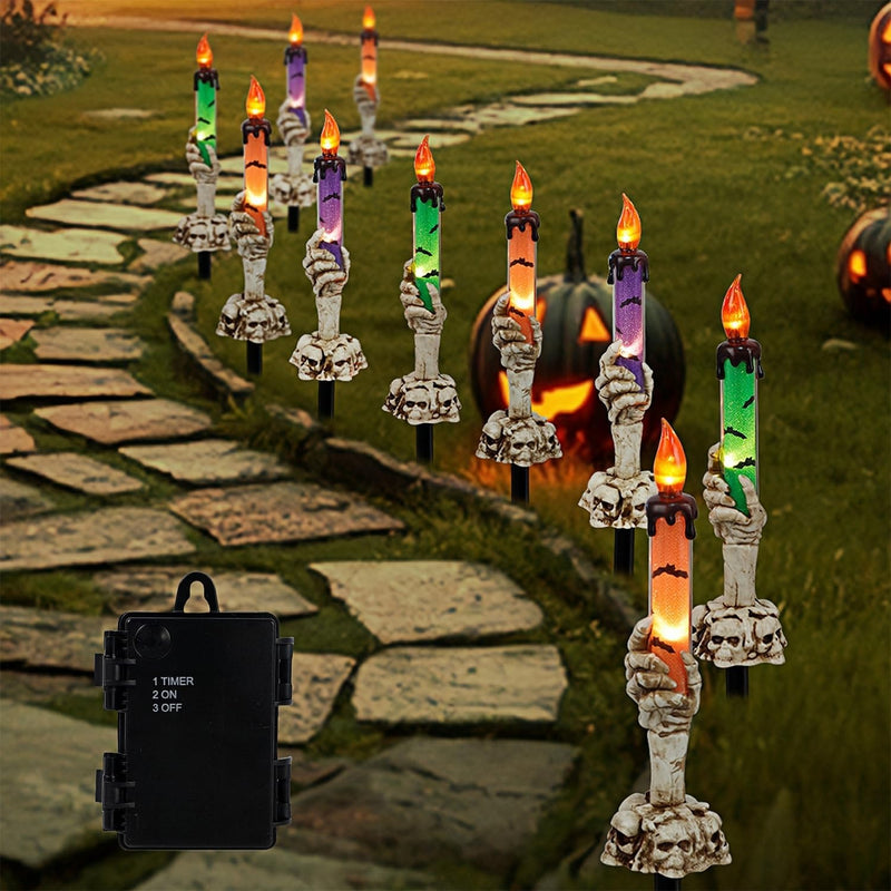 WATERGLIDE Halloween Candle Light Stakes, 5 Pack Skeleton Hands Hold Lighted Candle Pathway Makers, Waterproof Battery Operated with Timer, Light Up Figurine for Indoor Outdoor Holiday Party