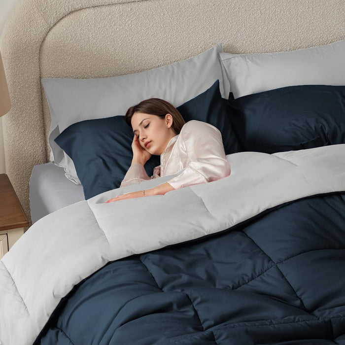 Anluoer Queen Comforter Set 7 Piece, Navy and Grey Bed in a Bag with Sheets