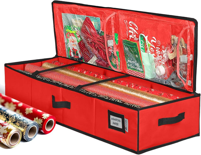 HOLDN’ STORAGE Premium Wrapping Paper Storage Container - Durable 600D Tear-Proof, Fits 27 Rolls Gift Wrap, Extra Pockets for Ribbons & Bows, Underbed Storage - Ideal for Holiday Christmas, Gray
