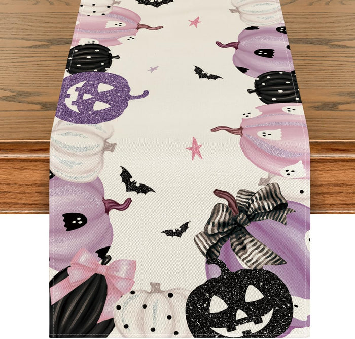 Artoid Mode Pink Jack-O-Lantern Pumpkin Bat Halloween Table Runner, Holiday Kitchen Dining Table Decoration for Indoor Outdoor Home Party Decor 13 x 72 Inch