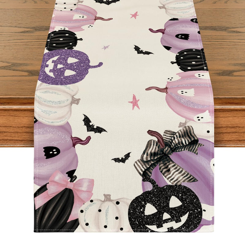 Artoid Mode Pink Jack-O-Lantern Pumpkin Bat Halloween Table Runner, Holiday Kitchen Dining Table Decoration for Indoor Outdoor Home Party Decor 13 x 72 Inch