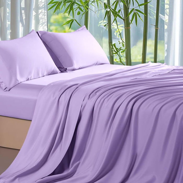 Shilucheng 100% Viscose Derived from Bamboo_ Sheets King Size 4pcs - Ultra Cooling & Silky Soft Bed Sheets, 16" Deep Pocket, Perfect for Hot Sleepers, Hotel Bedding Sheets (Lilac)