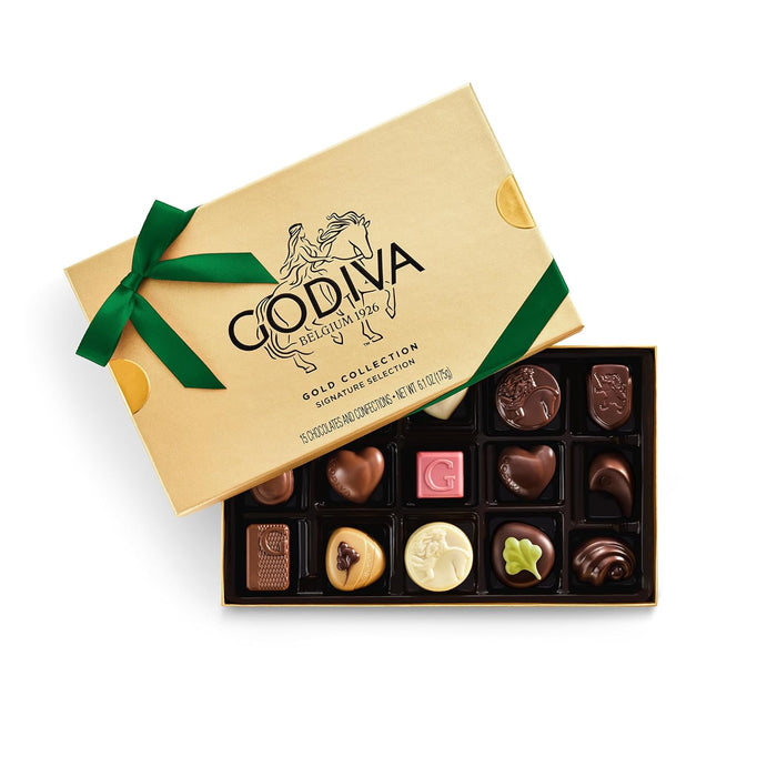 Godiva Red Bow Gold Milk Chocolate Gift Box, Belgian Milk Chocolates with Ganaches, Pralinés & Caramels, Gourmet Holiday Gift, Non-GMO & Kosher, 15 Pc