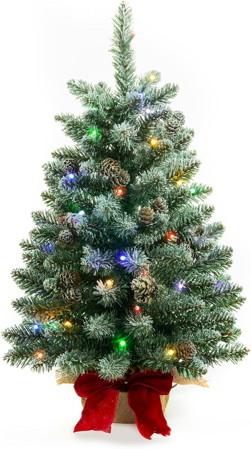 24" Mini Christmas Trees with Flocked Pine Needles, Pine Cones, Berries Decoration, 2 Ft Decorated Burlap Trees with 25 Led Lights, Kitchen Tabletop Artificial Pre Lit Christmas Tree