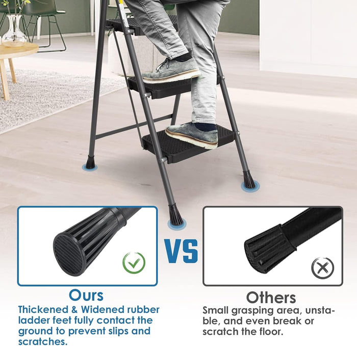 3 Step Ladder, GOLYTON Folding Step Stool with Anti-Slip Wide Pedal & Convenient Handgrip, 500lbs Capacity Steel Ladder for Household and Office, Grey