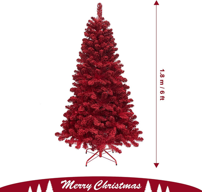 KI Store Flocked Red Christmas Tree 6ft Artificial Xmas Tree with Flocking Red Snow Unlit for Voluntines Day Xmas Decor