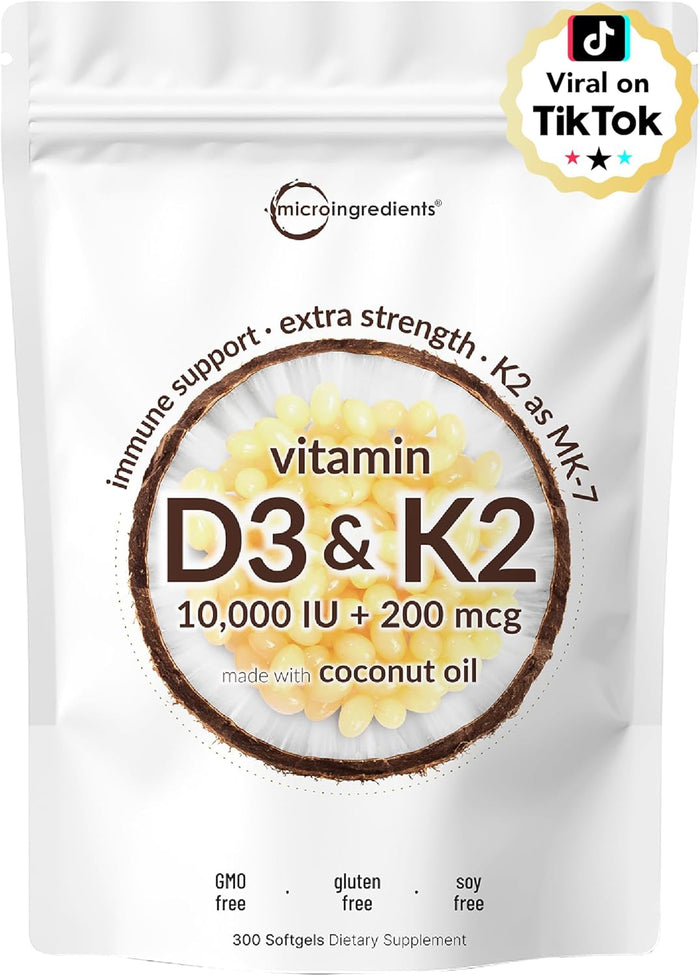 Micro Ingredients Vitamin D3 10,000 IU + K2 MK-7 200 mcg, 300 Softgels | Virgin Coconut Oil | 2-in-1 Bone, Immune & Heart Support | Easy to Swallow, Non-GMO
