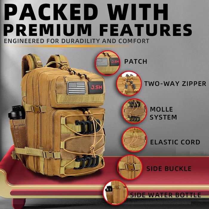 J.SH Military Tactical Backpack for Men 45L Large Capacity Backpack MOLLE 3 Days Assault Pack Bag Waterproof Durable Army Hiking - Khaki