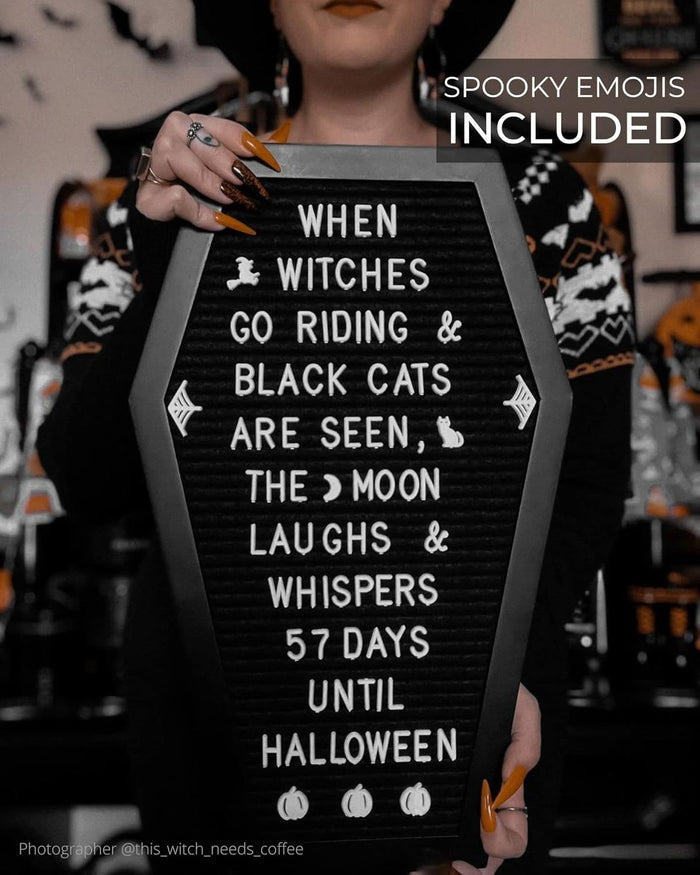Coffin Letter Board Black +3D Bat Stickers +650 Characters, Spooky & Seasonal Emojis, Wooden Stand - 17x10.5 Inches - Coffin Shaped Goth Decor Sign Witchy Halloween Decorations Gothic Decor Birthday Wedding Home Spooky Gifts