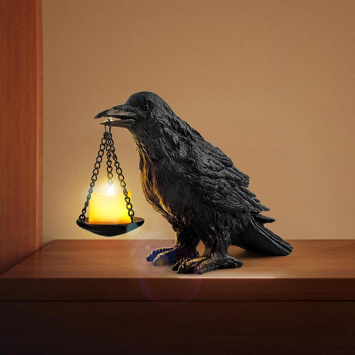 Halloween Decorations Indoor Gothic Home Decor Raven Lamp Tealight Holder for Bedroom Fake Crow Candle Holder Halloween Table Decorations Black