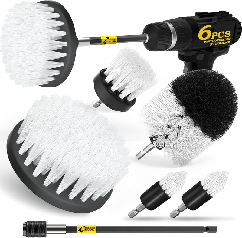 Holikme 6Pack Drill Brush Power Scrubber Cleaning Brush Extended Long Attachment Set All Purpose Drill Scrub Brushes Kit for Grout, Floor, Tub, Shower, Tile, Bathroom and Kitchen Surface，Yellow