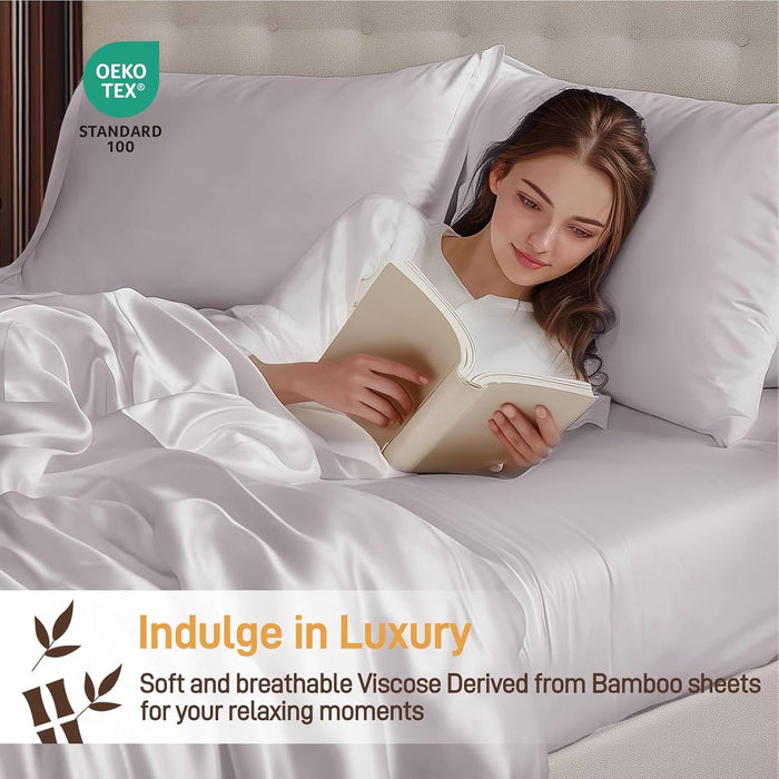 Viscose Derived from Bamboo, Soft Cooling Bedding with Silky Smooth Finish,16" Deep Pocket, Hypoallergenic, Breathable, 4 Piece Queen Size Luxury Hotel Silver Gray Bed Sheets, Oeko-Tex Certified