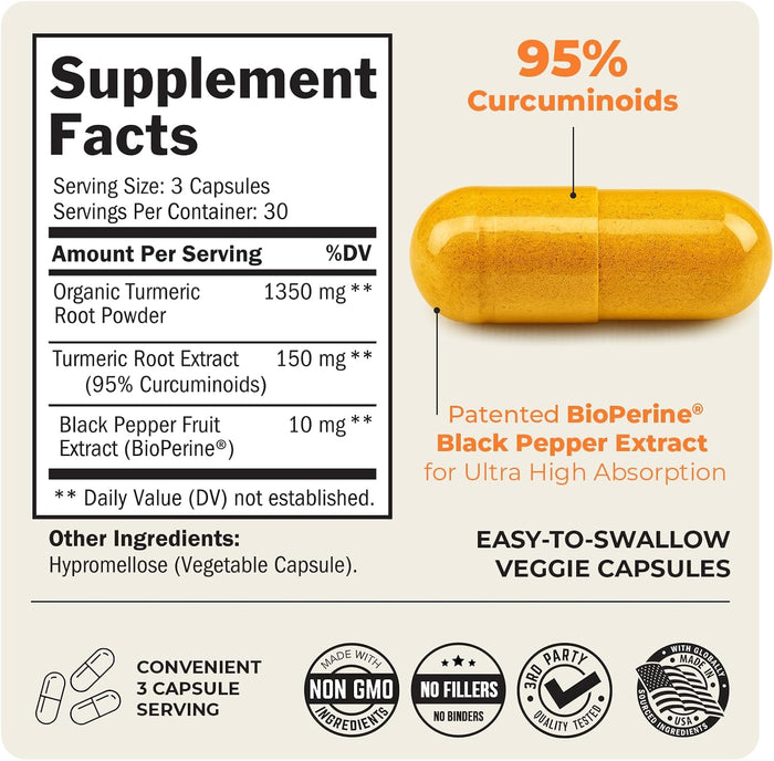 Turmeric Curcumin with Black Pepper Extract 1500mg - High Absorption Ultra Potent Turmeric Supplement with 95% Curcuminoids and BioPerine - Non GMO Tumeric Capsules for Joint Support - 90 Capsules