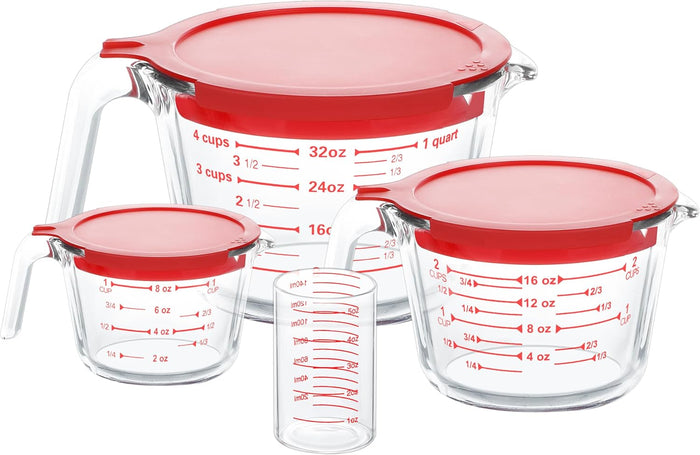 KOMUEE 4 Piece Glass Measuring Cups Set, 5 Oz, 1-Cup, 2-Cup, 4-Cup Liquid Measuring Cups with Lids for Kitchen, Freezer and Microwave Safe