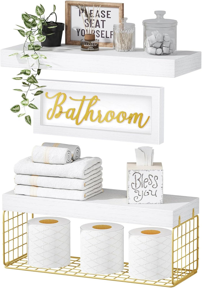 QEEIG ‎Bathroom Shelves Over Toilet - Paper Storage Wall Mounted Farmhouse Decor Decorations Aesthetic Décor Sign Small Floating Shelf 2+1 Set 16 inch, Rustic Brown (020BN)