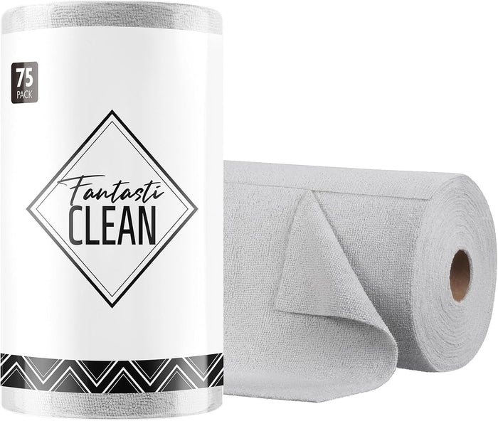 Fantasticlean Microfiber Cleaning Cloth Roll -75 Pack, Tear Away Microfiber Towels, 12" x 12", Reusable, Washable, Scratch Free, Ultra Absorbent Dish Rags for Car, Home, Garage or Shop (Pink)