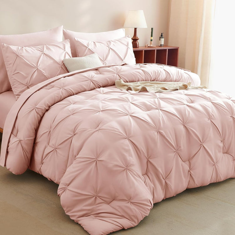 CozyLux Queen Comforter Set Taupe, 7 Pieces Pintuck Bed in A Bag, Premium Taupe Comforter Queen Size, Pinch Pleat Bedding Sets with Comforter, Sheets, Pillowcases & Shams