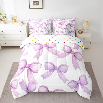 Feelyou Bow Bed Set for Kids Girls Woman Twin Size Cute Coquette Bow Knot 7 Pieces Beeding Set Ultra Soft Bow Pattern Bed in a Bag with Comforter, Sheets, Pillowcases Bow Decor Room Decor Bowknot