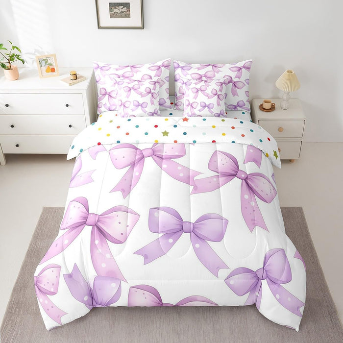 Feelyou Bow Bed Set for Kids Girls Woman Twin Size Cute Coquette Bow Knot 7 Pieces Beeding Set Ultra Soft Bow Pattern Bed in a Bag with Comforter, Sheets, Pillowcases Bow Decor Room Decor Bowknot