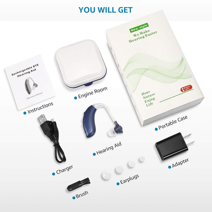 Hearing Aids for Seniors, Rechargeable Hearing Amplifier with Noise Cancelling, Digital Ear Hearing Assist Devices with Volume Control (Blue)