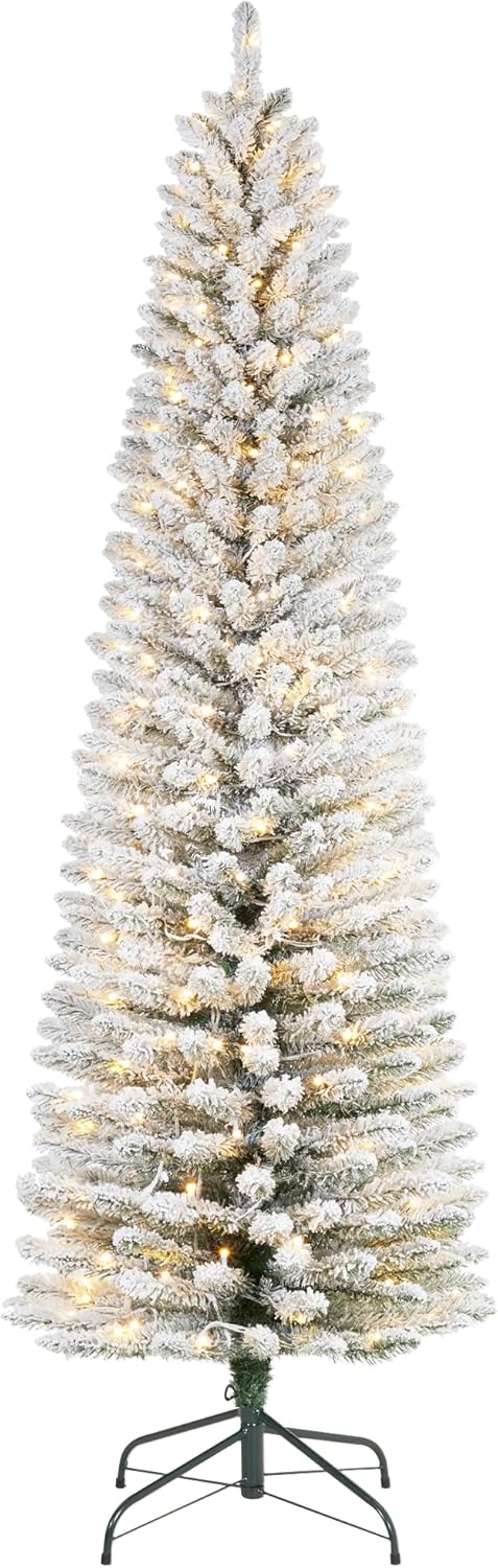 12 FT Pre-Lit Christmas Tree, Artificial Pencil Holiday Decoration with 700 LED Light & 2053 Tips, Metal Foldable Stand for Indoor and Outdoor Use, Green