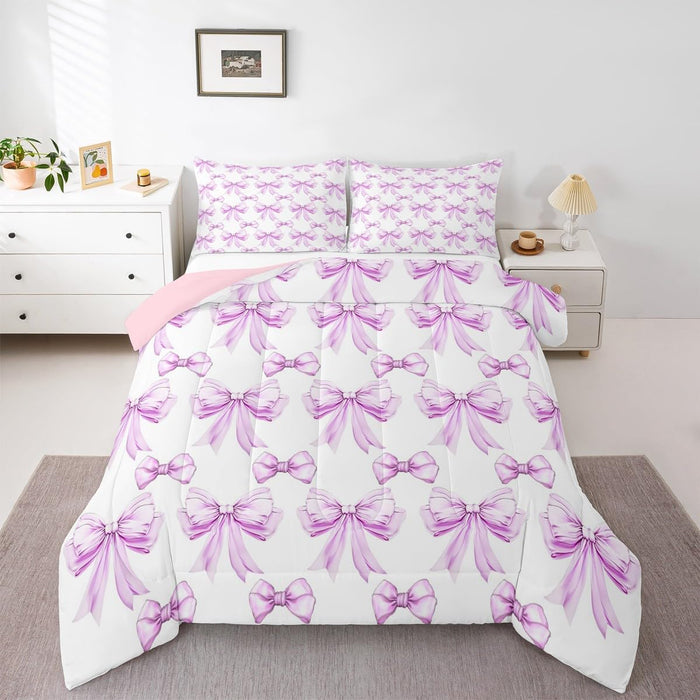 Erosebridal Ribbon Pink Bow Queen Comforter Set,Cute Pink Bows Bedding Set for Girls Teen Kids Bedroom Decor,Coquette Bowknot Bed Set Princess Bowtie Bedding Comforter Sets,2 Pillowcases