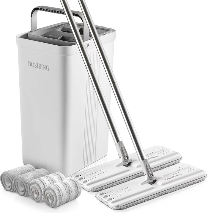 Mop and Bucket with Wringer Set, Flat Floor Mop and Bucket, with 3 Microfiber Mops for Floor Cleaning, Wet and Dry Use for Household Cleaning - White