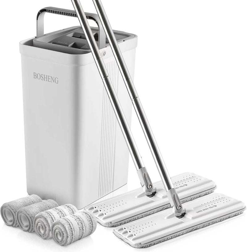 Mop and Bucket with Wringer Set, Flat Floor Mop and Bucket, with 3 Microfiber Mops for Floor Cleaning, Wet and Dry Use for Household Cleaning - White