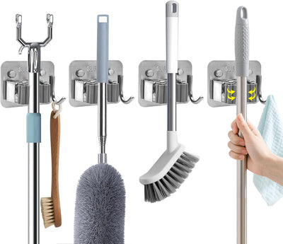 Broom Holder Wall Mount with Screws (4 Pack) Broom and Mop Organizer Wall Hanging, Anti-Slip Mop Holder Broom Hanger with Hooks, Stainless Steel Tool Rack for Garden Garage Organization