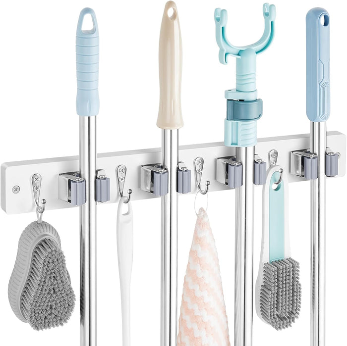 Mop and Broom Holder Wall Mount - Wood Broom Mop Hanger - Wall Mounted Garden Tool Rack Organizer for Closet Garage Laundry Room for Rustic Kitchen Decor With 5 Slots & 4 Hooks