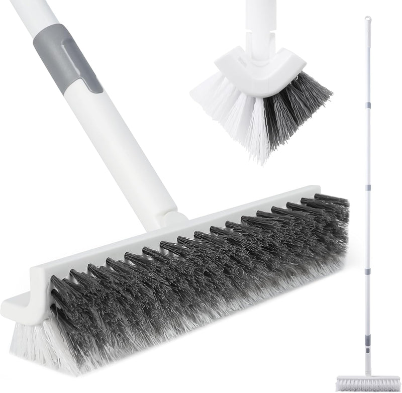 BOOMJOY Floor Scrub Brush with Long Handle, 2 in 1 Scrape and Brush, Stiff Bristles for Cleaning Bathroom, Patio, Garage, Kitchen, Deck, Tile