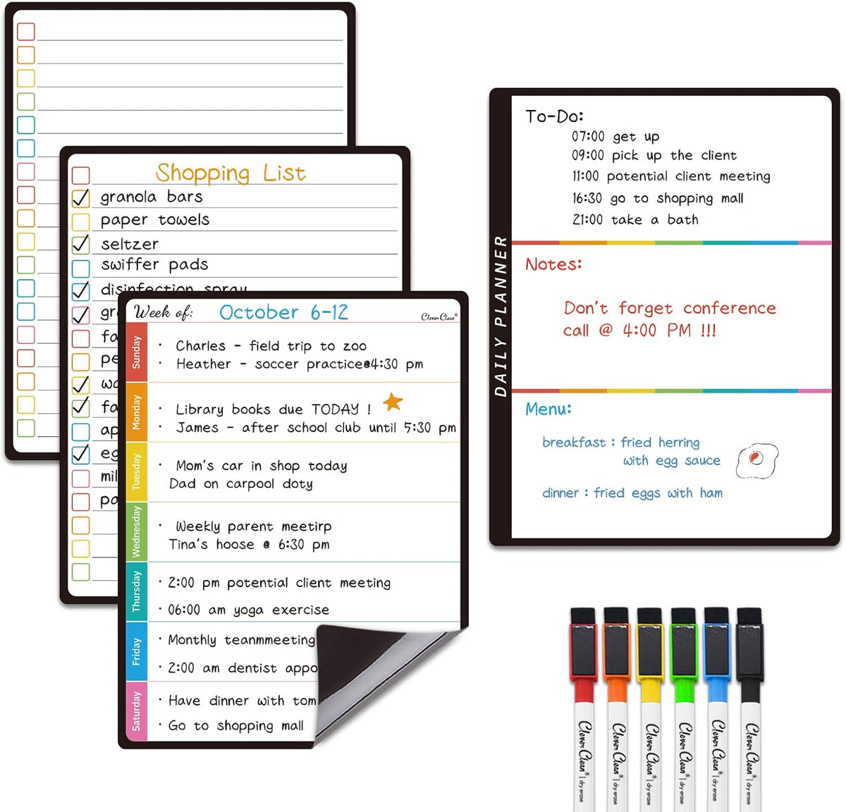 Magnetic Dry Erase Monthly Calendar Set - 14.5"x11" Monthly and Weekly Calendar, 6.5"x8.5" List Board for Fridge - 6 Extra Fine Point Markers Included - Shipped Flat