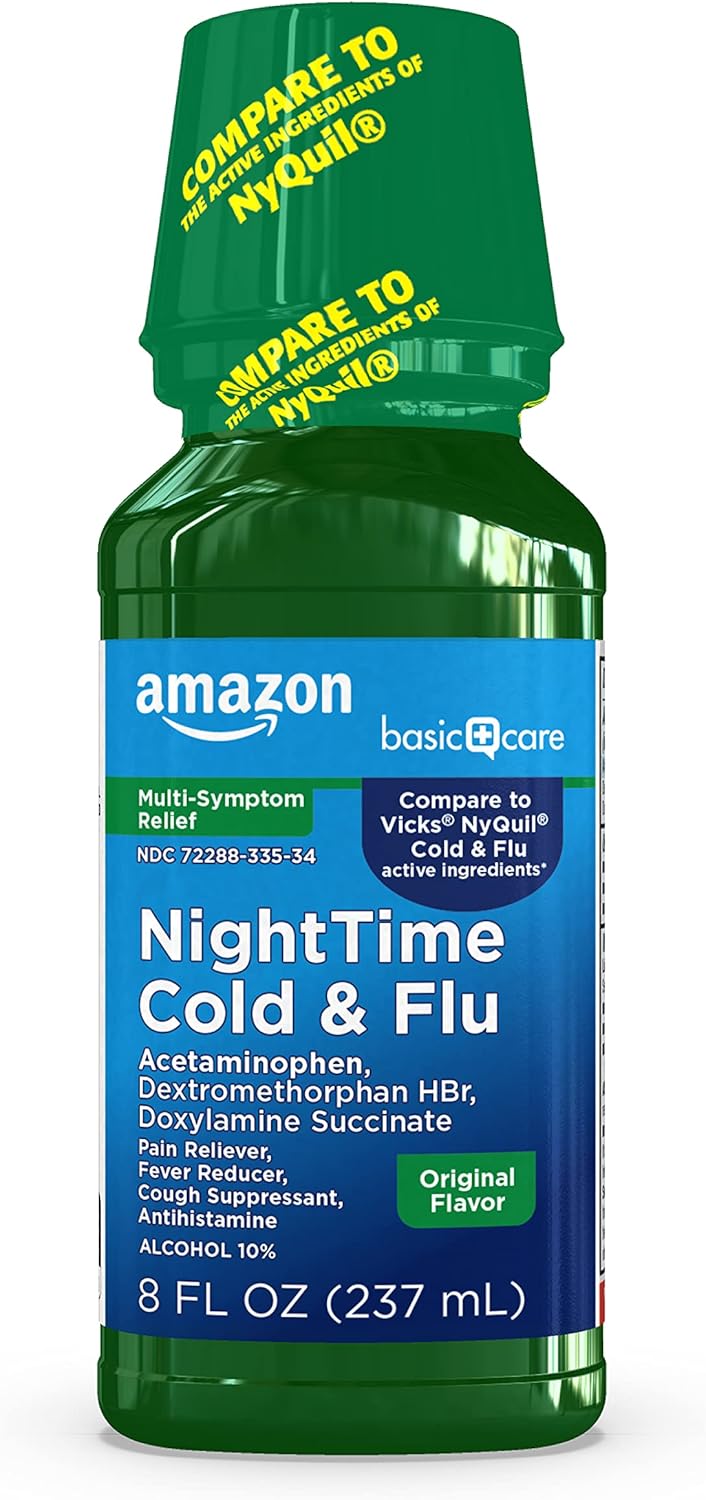 Amazon Basic Care Night Time Cold & Flu Liquid, Cherry, 12 fl oz (Pack of 1)