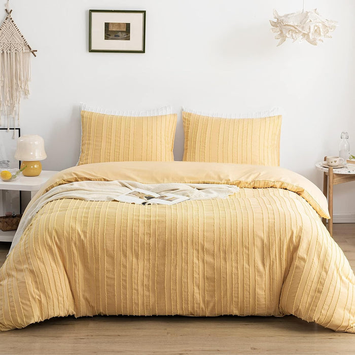 WARMDERN White Boho Duvet Cover Set Queen Size, Striped Textured Tufted Bedding Set, 3 Pcs Ultra Soft Washed Microfiber with Zipper Closure (Queen, White)