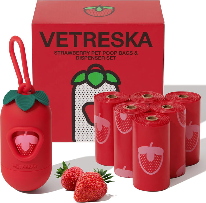 VETRESKA Dog Poop Bag Dispenser with Cherry Blossom Scented Poop Bags, Leak Proof and Extra Thick Pet Waste Bags, 1 Poop Bag Holder and 105 Bags for Dog Walking and Cats Litter, Pink