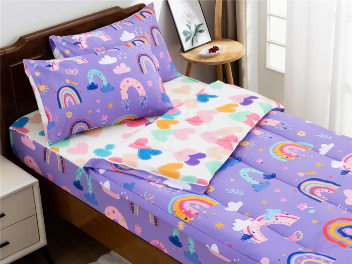 NTBED Rainbow Printed Zipper Bedding Sets Twin Lightweight Microfiber Heart Comforter Set with Fitted Sheet Pillow Covers,Beige