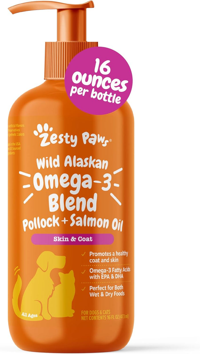 Zesty Paws Wild Alaskan Omega-3 Blend Pollock + Salmon Oil for Dogs and Cats- Skin and Coat Support, Omega 3 Supplement for Pets, 8.5oz